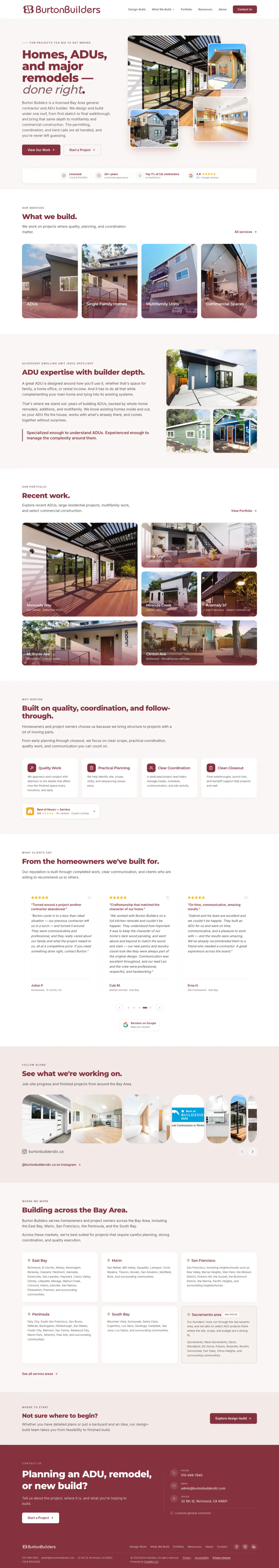 Full homepage of the Burton Builders website — a Bay Area general contractor site designed and built by Cresalto