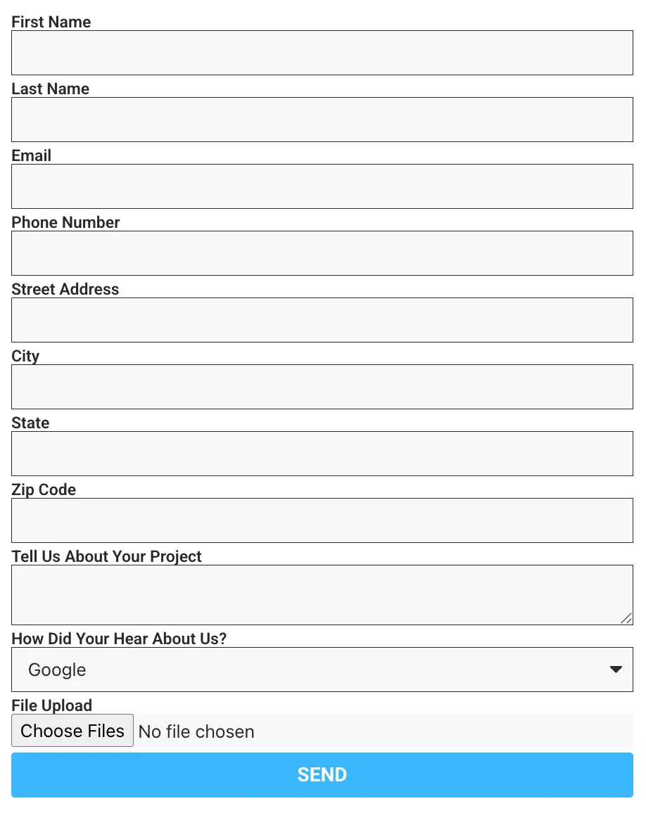 A contractor contact form with eleven separate fields — first name, last name, email, phone, street address, city, state, zip code, project description, a "how did you hear about us" dropdown, and a file upload