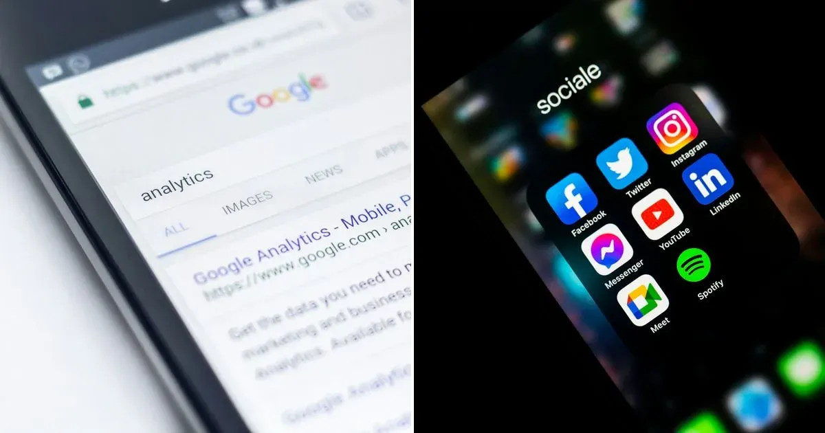 Side-by-side phones: a Google search results page on the left, and a folder of social media app icons including Facebook and Instagram on the right