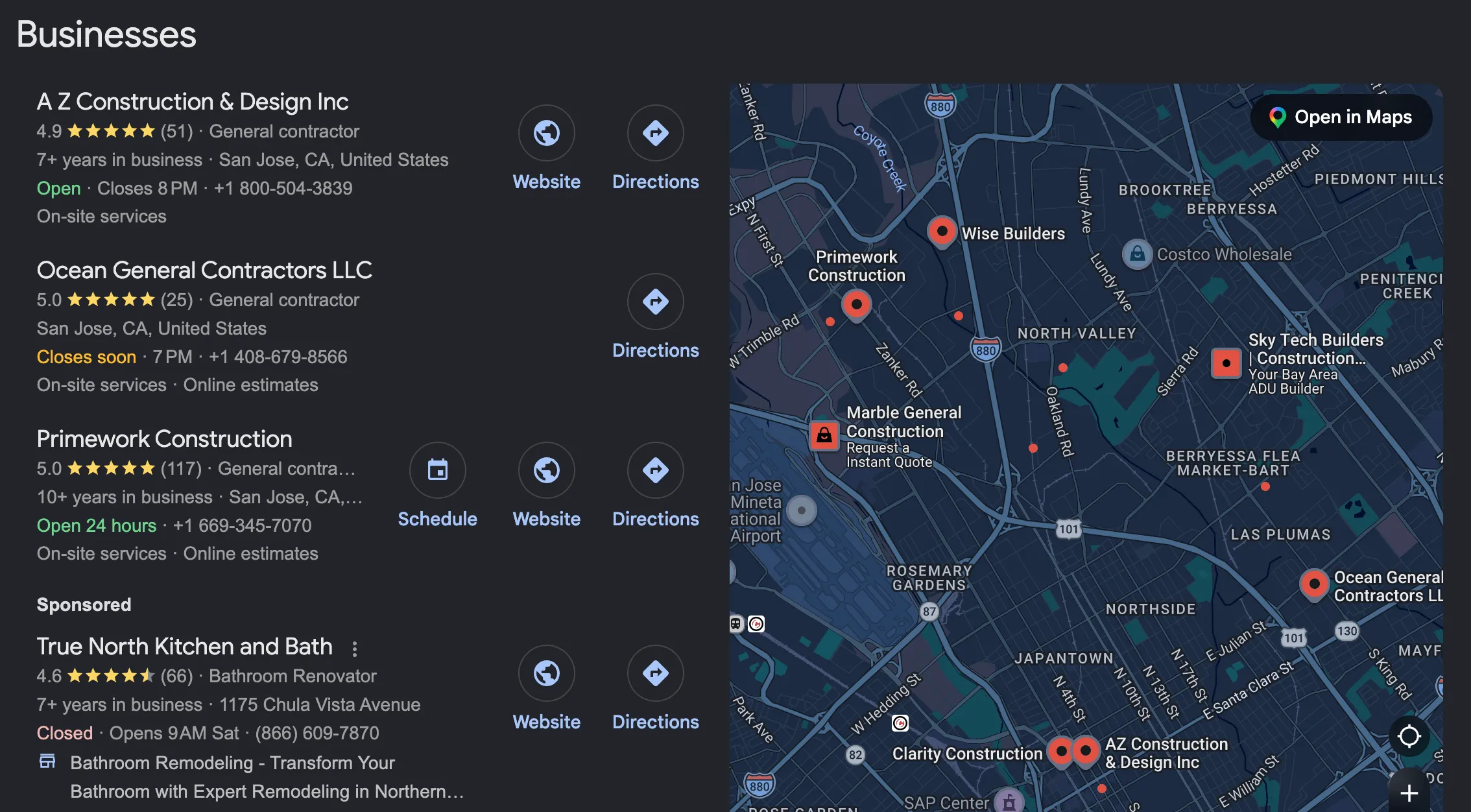 Google's map pack for the search "general contractors in San Jose, CA" — three local businesses listed with star ratings, years in business, and hours, beside a map of pinned locations