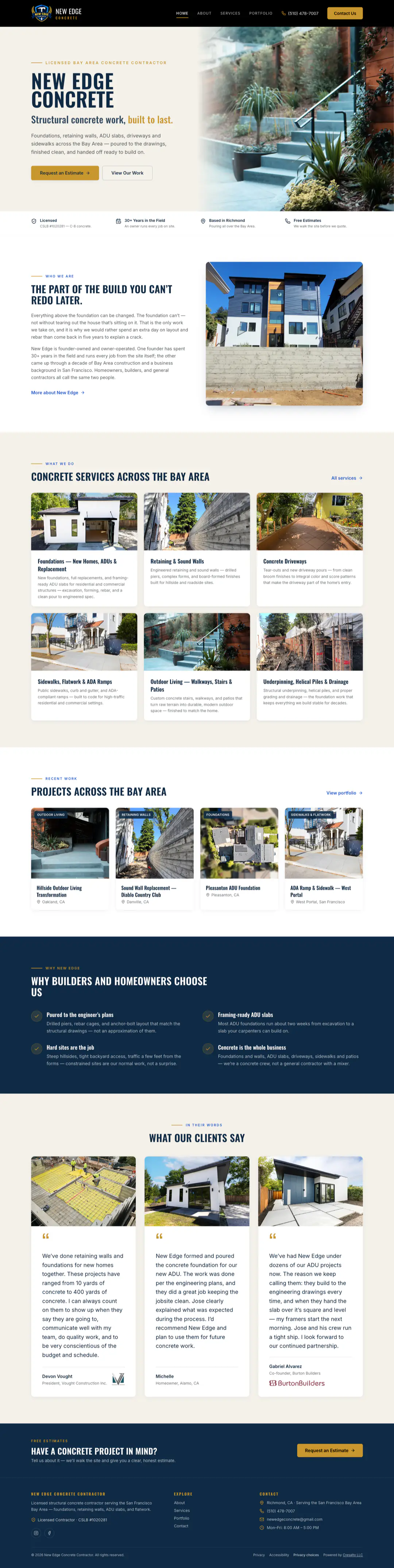 Full homepage of the New Edge Concrete website — a Bay Area concrete contractor site designed and built by Cresalto