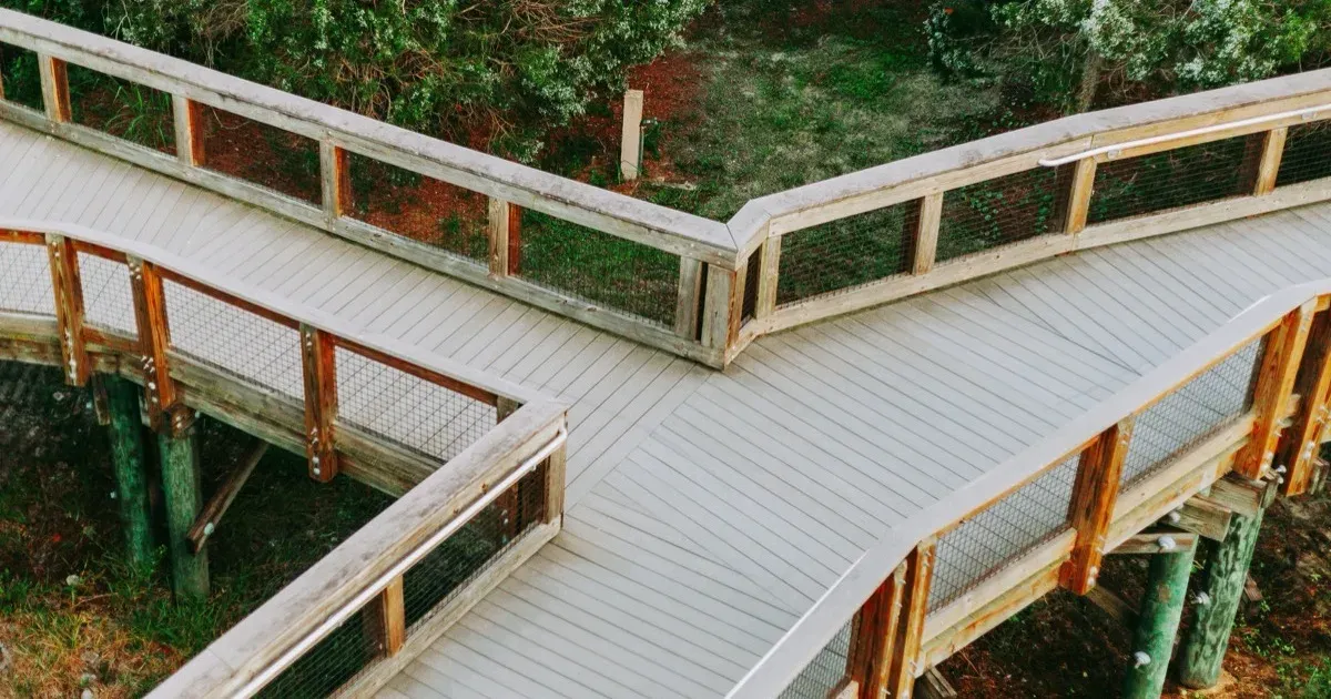A wooden boardwalk splitting into separate paths through trees