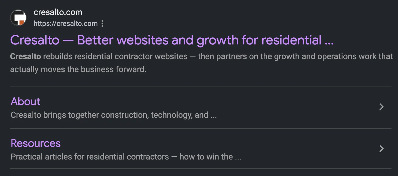 The Google search result for Cresalto — the logo, the title and description pulled from the page, and sitelinks labeled About and Resources