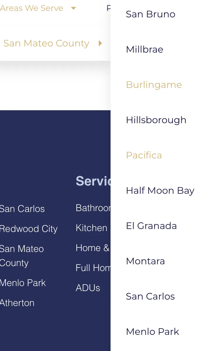 A website navigation dropdown labeled 'Areas We Serve' expanding into a long submenu of individual town names — San Bruno, Millbrae, Burlingame, Hillsborough, Pacifica, and many more
