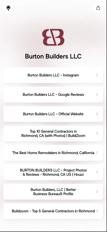 A free Linktree page for Burton Builders LLC — the Linktree asterisk logo in the top corner, the company name, and a stack of identical white buttons labeled with long link titles like 'Burton Builders LLC - Instagram' and 'Burton Builders LLC - Google Reviews'